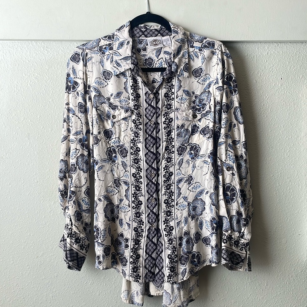 Vintage Rods floral printed long sleeve button down with corset back detail